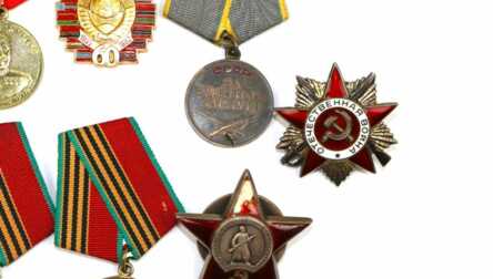 Set of medals "For Military Merit No. 519269", "Order of the Red Star No. 1648430", and other