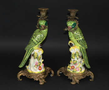 Large pair of candlesticks, Porcelain "WL 1895", Metal, Hand-painted, China
