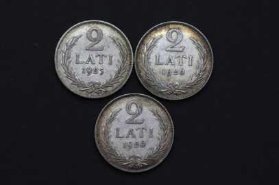 Монеты (3 шт.) "2 Лата", Серебро, 1925-1926 год, Латвия