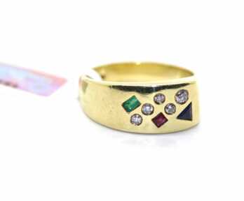 Ring with Diamonds, Ruby, Saphire, Emerald, Gold, 585 Hallmark, Size: 17.75 mm, Weight: 7.50 Gr