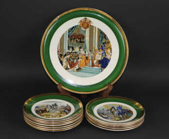 Set: Big plate and Plates (12 pcs.) - "Napoleonic Wars", Gilding, Faience "Gien", France