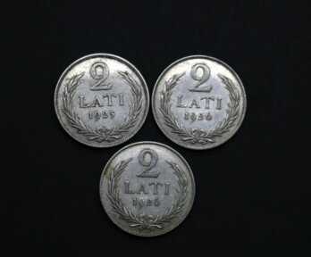 Монеты (3 шт.) "2 Лата", Серебро, 1925, 1926 год, Латвия
