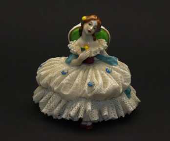 Figurine "The girl on the chair", Porcelain "Volkstedt", Lace miniature, Germany, Height: 9.5 cm