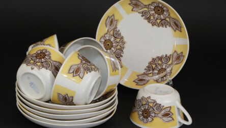 Mugs and Small plates from service "Vasara", Porcelain, Riga porcelain factory, Riga (Latvia)