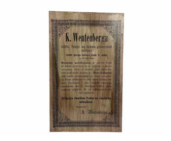 Signboard "K. Wentenberg's men's and women's wardrobe store, Berg Bazaar", (Restrike?), Latvia, 48.9x80.1 cm