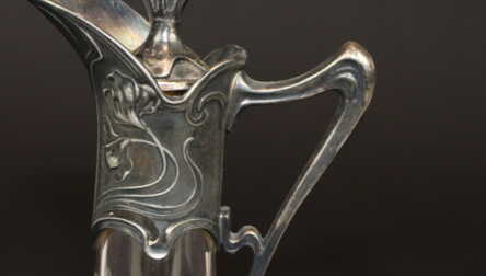 Karafe, Jūgendstils, Stikls, Metāls, 20. gs. 1. puse, Augstums: 22.3 cm