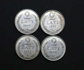 Монеты (4 шт.) "2 Лата", Серебро, 1925, 1926 год, Латвия