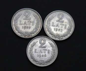 Монеты (3 шт) "2 Лата", Серебро, 1925, 1926 год, Латвия