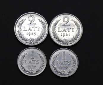 Монеты (4 шт.) "1, 2 Лата", Серебро, 1924, 1925 год, Латвия