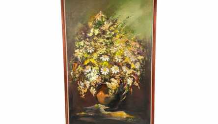 Autors - "Rolands Bruno Butāns (1944)", Glezna "Ziedi" (Presēts kartons, Eļļa), Latvija, 90x60 cm