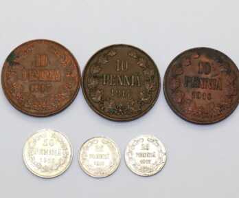Монеты (6 шт.) "5, 10, 25 Пенни", Металл, Серебро, Финляндия