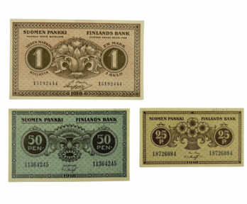 Banknotes (3 pcs) "25, 50 Penny, 1 Mark", 1918, Finland