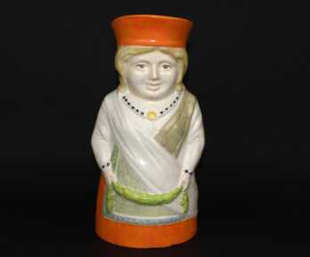 Jug, Faience, "Woman in traditional clothes", the 20-30ties of 20th cent., Riga (Latvia)? Height: 26.5 cm