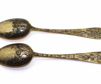 Spoons (2 pcs.), Niello, Gilding, Silver, 875 Hallmark, USSR, Weight: 84.68 Gr.