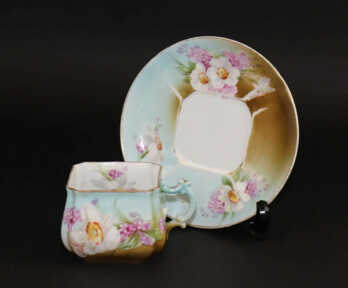 Tējas pāris, Roku gleznojums, Porcelāns, M.S. Kuzņecova fabrikas biedrība, Krievijas impērija