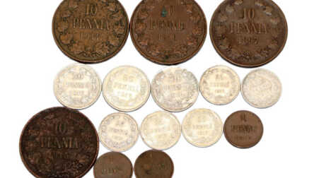 Coins (15 pcs.) "1, 10, 25, 50 Penny", 1897-1917, Coper, Silver, Finland