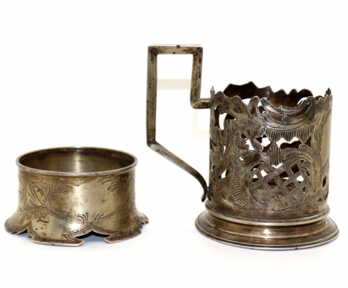 Cup Holder + Stand, Engraving, Silver, 84 Hallmark, Masters - "В.А." and "СВК", Russian empire, Total weight: 232.30 Gr.