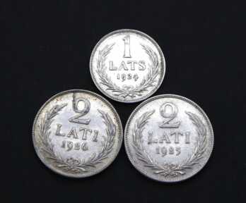 Монеты (3 шт.) "1, 2 Лата", Серебро, 1924-1926 год, Латвия