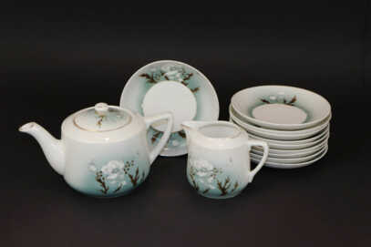 Teapot, Cream-jug and Small plates (10 pcs.), Porcelain, DFZ Verbilki - Dmitriyevsky porcelain factory, the 30ties of 20th cent., USSR