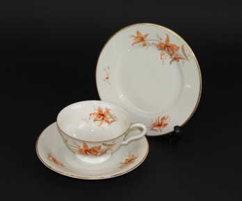 Tea pair and Small plate, Porcelain, M.S. Kuznetsov manufactory, the 34-40ties of 20th cent., Riga (Latvia)