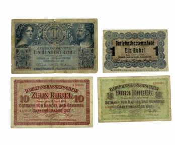 Banknotes (4 pcs.) "1, 3,10,100 Rubles", 1916, German occupation of Lithuania