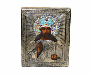 Icon "Almighty God", Board, Painting, Enamel, Oklad Silver, 84 Hallmark, Master - "П.Т", Russian empire, 17.9x22.5 cm