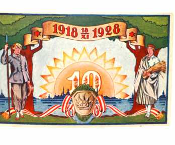 Atklātne "Latvijas Republikai 10 gadi", Mākslinieks - A. Timms, 1928. gads, Latvija, 14x9 cm