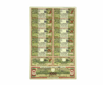 Лист неразрезанных банкнот "20, 25, 1000 Марок", 1922 год, Германия