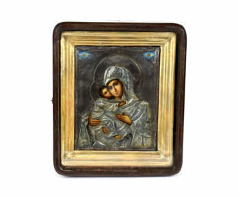 Icon with Icon case "Our Lady of Vladimir", Board, Oklad Silver, 84 Hallmark, Master - "А.Ж", Russian empire, 26.3x30.8 cm