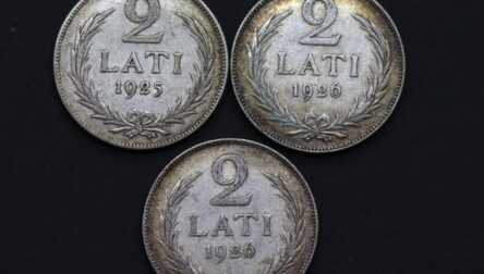 Монеты (3 шт.) "2 Лата", Серебро, 1925-1926 год, Латвия
