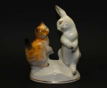 Figurine "A Cat and A Rabbit", Porcelain, First grade, Riga porcelain factory, Molder - Lize Dzeguze, Riga (Latvia)