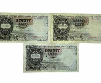  Banknotes (3 pcs.), "10 Lats", 1937, 1939, Latvia