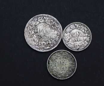 Монеты (3 шт.), "1/2, 1 франк", 1887,1910, 1962 год, Серебро, Швейцария