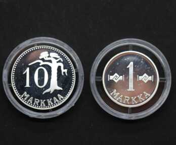 Monētas (2 gab.) "1, 10 Markas", Sudrabs, 1955, 1956. gads, Somija