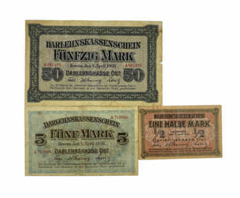 Banknotes (3 pcs.), "1/2, 5, 50 Marks", 1918, German Occupation of Lithuania