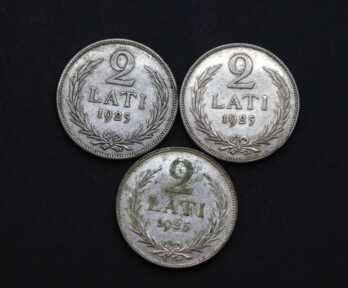 Coins (3 pcs.) "2 Lats", Silver, 1925, 1926, Latvia